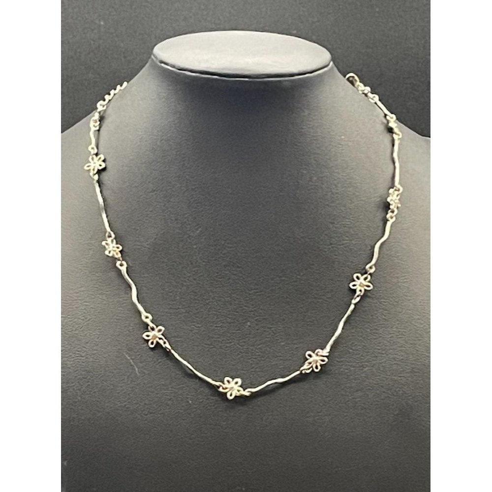 After Thoughts Silvertone Wavy and Flowers Necklace Length 16 Inches